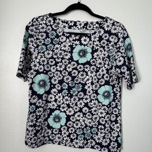 Talbots Top Half Sleeve Scalloped Neckline Sz Med Petite Navy Blue Pima cotton
